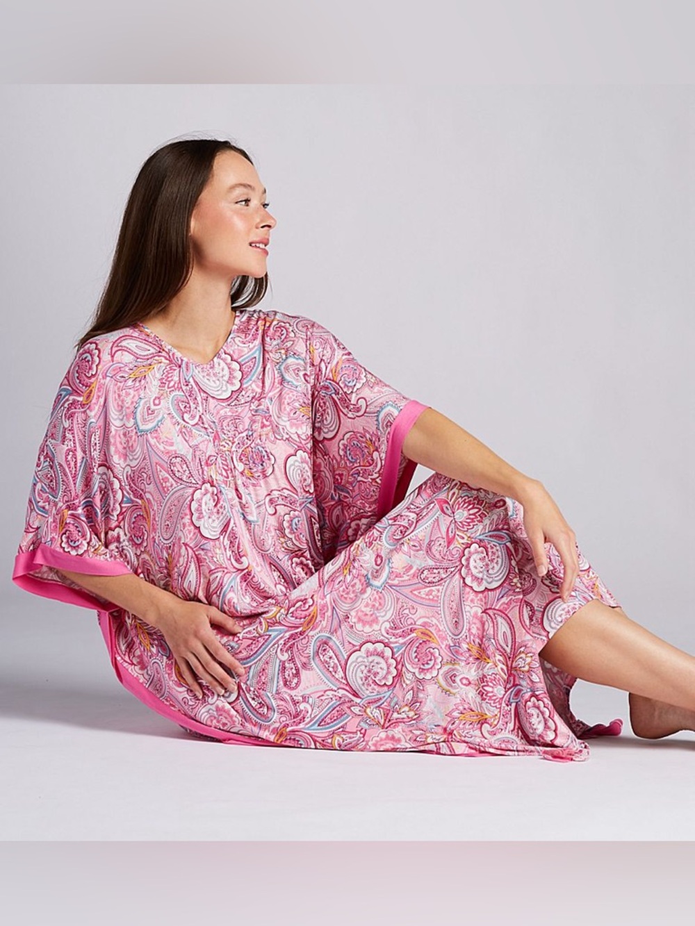 Ellen Tracy Pink Paisley Maxi Caftan Soft & Stretchy with Side Pockets Like New - Picture 5 of 16